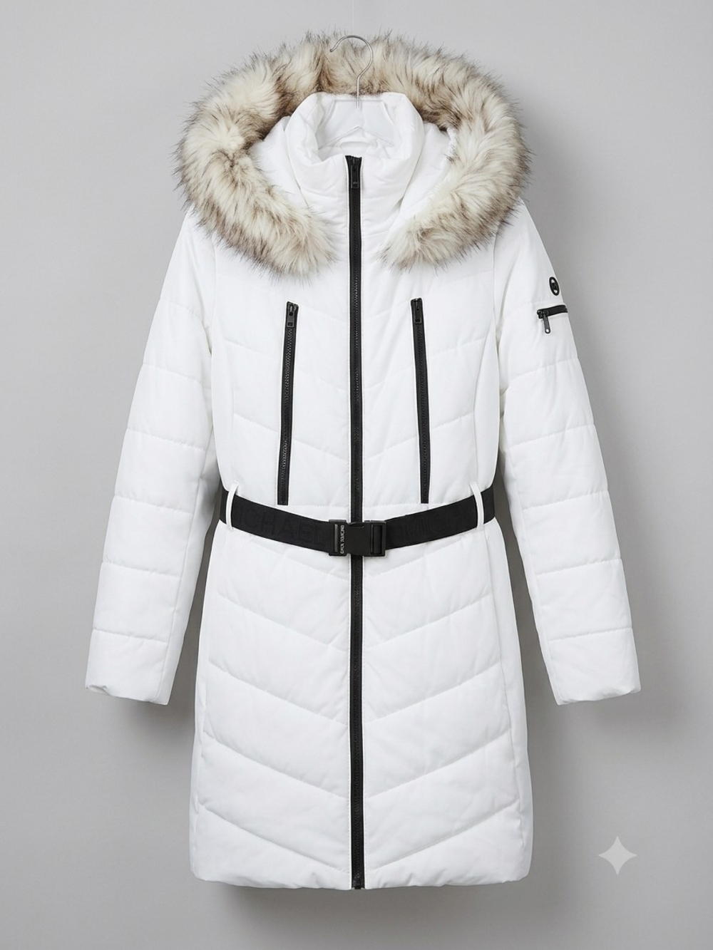 Michael Kors White Belted Faux-Fur Hooded Puffer Coat